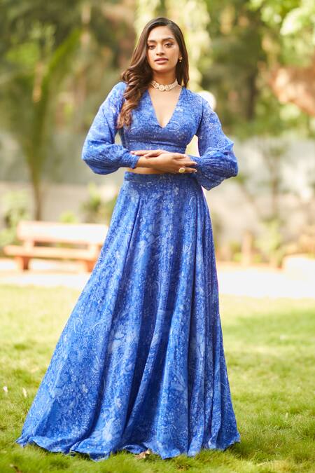 Ankita Dharman_Blue Viscose Embroidery V-neck Midnight Floral Print Lehenga And Blouse Set _Online_at_Aza_Fashions