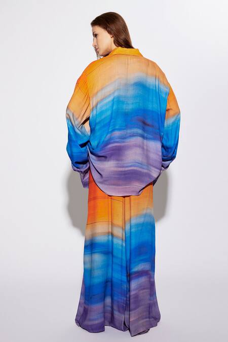 Shop Deme By Gabriella Multi Color Cotton Shawl Neck Printed Oversized Shirt And Pant Set at Aza Fashions Shop_Deme By Gabriella_Multi Color Cotton Shawl Neck Printed Oversized Shirt And Pant Set_at_Aza_Fashions