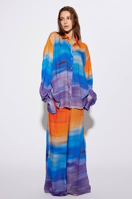 Deme By Gabriella Multi Color Cotton Shawl Neck Printed Oversized Shirt And Pant Set Online at Aza Fashions Deme By Gabriella_Multi Color Cotton Shawl Neck Printed Oversized Shirt And Pant Set_Online_at_Aza_Fashions