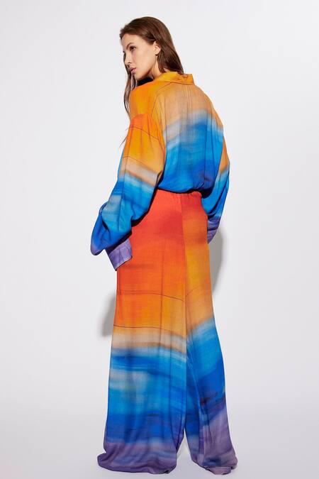 Deme By Gabriella Multi Color Cotton Shawl Neck Printed Oversized Shirt And Pant Set at Aza Fashions Deme By Gabriella_Multi Color Cotton Shawl Neck Printed Oversized Shirt And Pant Set_at_Aza_Fashions