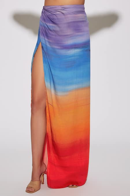 Deme By Gabriella_Multi Color Satin V-neck Tie Up Top And Skirt Set_Online_at_Aza_Fashions