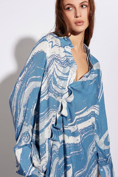 Shop_Deme By Gabriella_Blue Cotton Shawl , Scoop Abstract Print Shirt And Pant Set_Online_at_Aza_Fashions