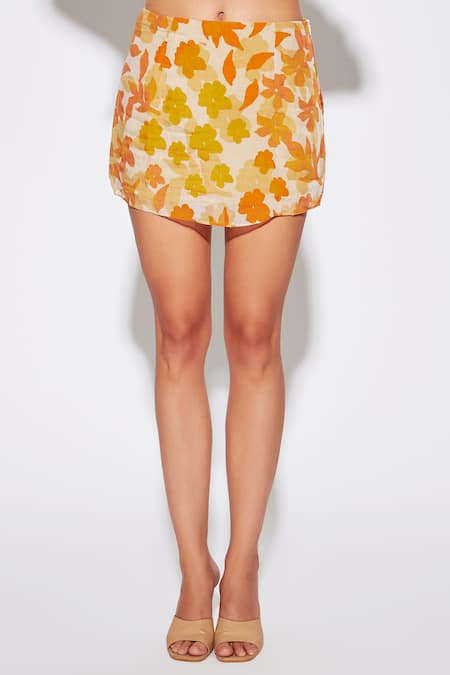 Deme By Gabriella_Yellow Chiffon Ruffles, Embroidery V-neck Floral Print Long Top And Skirt Set_Online_at_Aza_Fashions