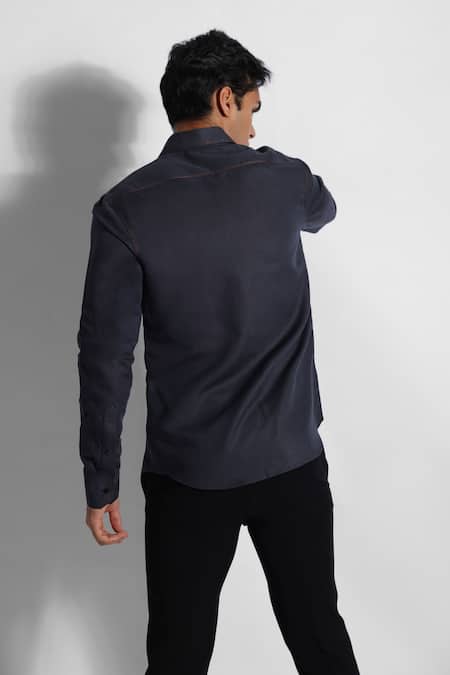 Shop PAARSH Grey Cotton, Linen Embroidery Placed Giraffe Shirt at Aza Fashions Shop_PAARSH_Grey Cotton, Linen Embroidery Placed Giraffe Shirt _at_Aza_Fashions