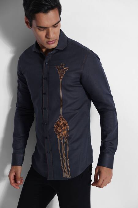 PAARSH Grey Cotton, Linen Embroidery Placed Giraffe Shirt Online at Aza Fashions PAARSH_Grey Cotton, Linen Embroidery Placed Giraffe Shirt _Online_at_Aza_Fashions