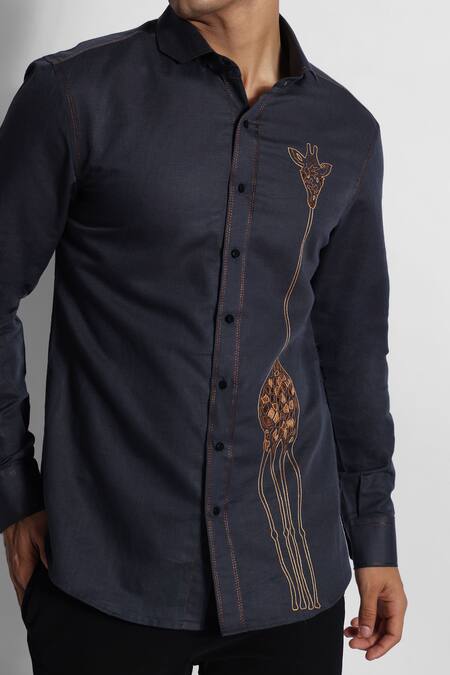Buy PAARSH Grey Cotton, Linen Embroidery Placed Giraffe Shirt Online at Aza Fashions Buy_PAARSH_Grey Cotton, Linen Embroidery Placed Giraffe Shirt _Online_at_Aza_Fashions