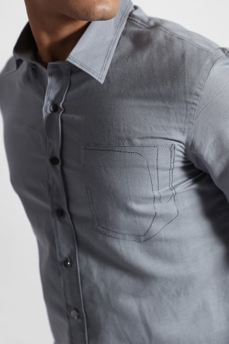 PAARSH_Grey Cotton, Linen Embroidery Pianist Pattern Shirt _Online_at_Aza_Fashions