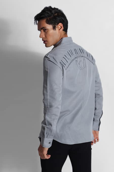 Buy_PAARSH_Grey Cotton, Linen Embroidery Pianist Pattern Shirt _Online_at_Aza_Fashions