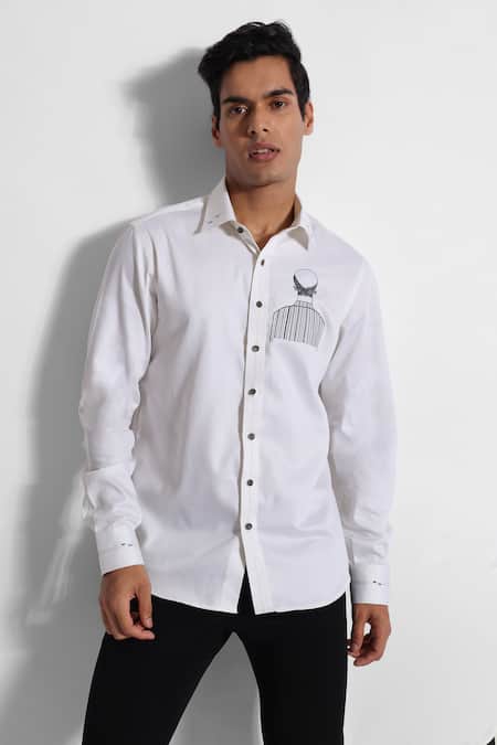 Paarsh Off White Giza Cotton Embroidered Thread Placement Man Shirt 
