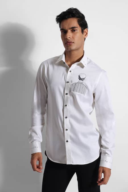 PAARSH Off White Gingham Embroidery Placement Man Shirt Online at Aza Fashions PAARSH_Off White Gingham Embroidery Placement Man Shirt _Online_at_Aza_Fashions