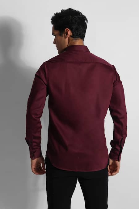 Shop PAARSH Wine Gingham Embroidery Threadwork Leo Pattern Shirt at Aza Fashions Shop_PAARSH_Wine Gingham Embroidery Threadwork Leo Pattern Shirt _at_Aza_Fashions