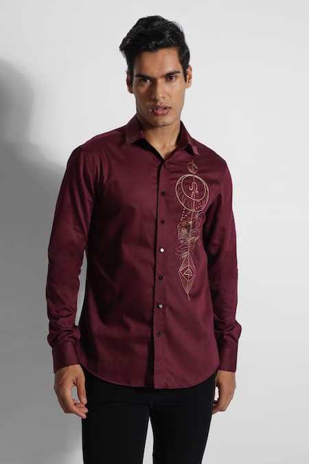 PAARSH Wine Gingham Embroidery Threadwork Leo Pattern Shirt Online at Aza Fashions PAARSH_Wine Gingham Embroidery Threadwork Leo Pattern Shirt _Online_at_Aza_Fashions