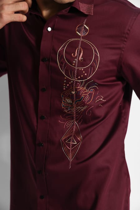 Buy PAARSH Wine Gingham Embroidery Threadwork Leo Pattern Shirt Online at Aza Fashions Buy_PAARSH_Wine Gingham Embroidery Threadwork Leo Pattern Shirt _Online_at_Aza_Fashions