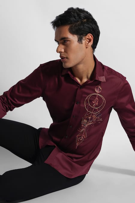 Shop PAARSH Wine Gingham Embroidery Threadwork Leo Pattern Shirt Online at Aza Fashions Shop_PAARSH_Wine Gingham Embroidery Threadwork Leo Pattern Shirt _Online_at_Aza_Fashions