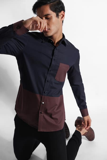 PAARSH Brown Gabardine, Cotton Colour Block Shirt Online at Aza Fashions PAARSH_Brown Gabardine, Cotton Colour Block Shirt _Online_at_Aza_Fashions