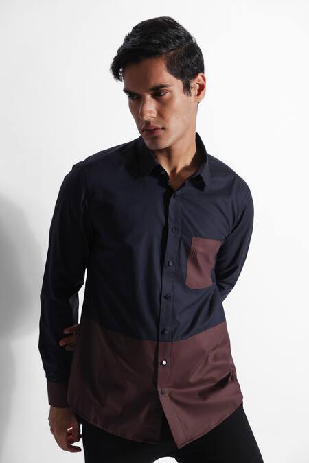 Buy PAARSH Brown Gabardine, Cotton Colour Block Shirt Online at Aza Fashions Buy_PAARSH_Brown Gabardine, Cotton Colour Block Shirt _Online_at_Aza_Fashions