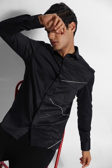 Shop_Paarsh_Black Gabardine Embroidery Leather Cord Shirt _at_Aza_Fashions