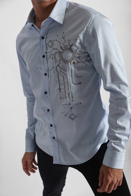 PAARSH Blue Gingham Embroidery Techno Pattern Threadwork Shirt Online at Aza Fashions PAARSH_Blue Gingham Embroidery Techno Pattern Threadwork Shirt _Online_at_Aza_Fashions
