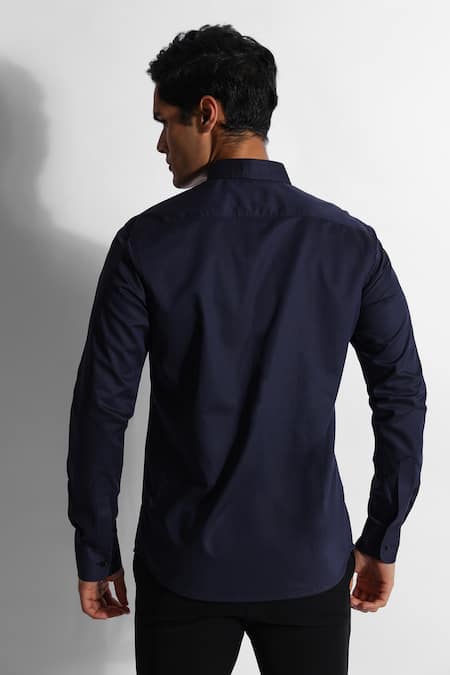 Shop PAARSH Blue Gingham Embroidery Angular Stripe Pattern Designer Shirt at Aza Fashions Shop_PAARSH_Blue Gingham Embroidery Angular Stripe Pattern Designer Shirt _at_Aza_Fashions