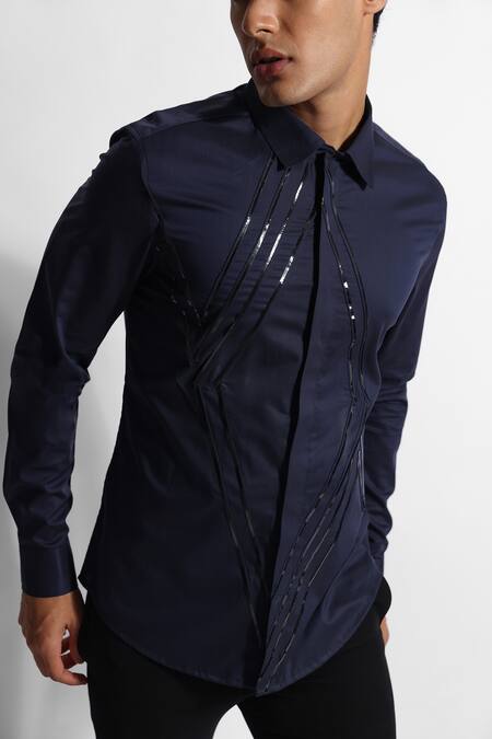 PAARSH Blue Gingham Embroidery Angular Stripe Pattern Designer Shirt Online at Aza Fashions PAARSH_Blue Gingham Embroidery Angular Stripe Pattern Designer Shirt _Online_at_Aza_Fashions