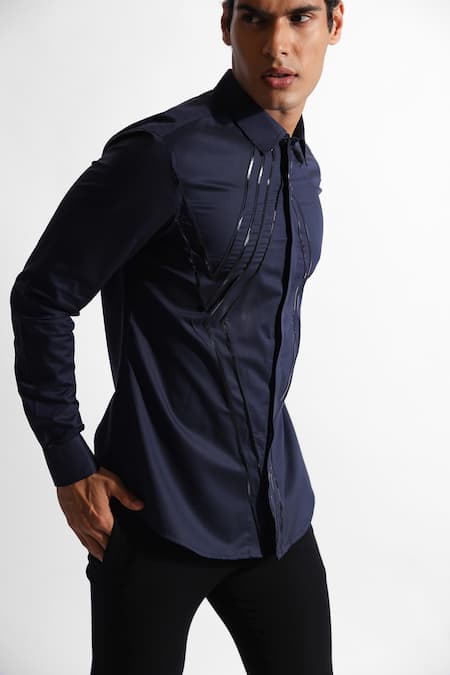 Buy PAARSH Blue Gingham Embroidery Angular Stripe Pattern Designer Shirt Online at Aza Fashions Buy_PAARSH_Blue Gingham Embroidery Angular Stripe Pattern Designer Shirt _Online_at_Aza_Fashions