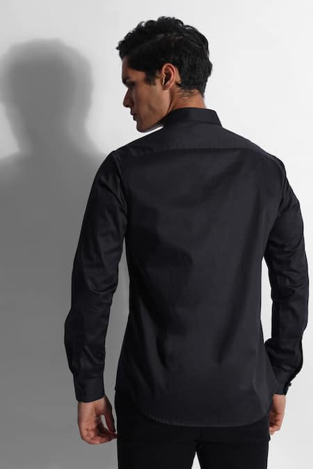 Shop PAARSH Black Gingham Embroidery Placed Angular Stripe Pattern Shirt at Aza Fashions Shop_PAARSH_Black Gingham Embroidery Placed Angular Stripe Pattern Shirt _at_Aza_Fashions