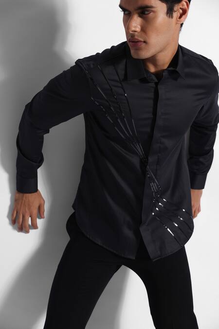 PAARSH Black Gingham Embroidery Placed Angular Stripe Pattern Shirt Online at Aza Fashions PAARSH_Black Gingham Embroidery Placed Angular Stripe Pattern Shirt _Online_at_Aza_Fashions