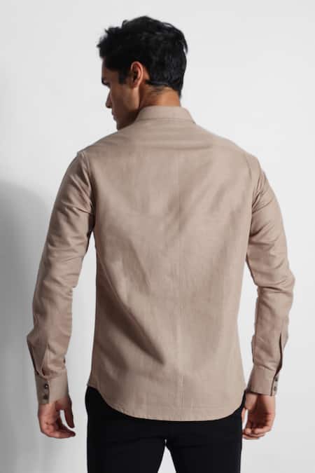 Shop_PAARSH_Beige Cotton, Linen Embroidery Hierographic Panel Shirt _at_Aza_Fashions