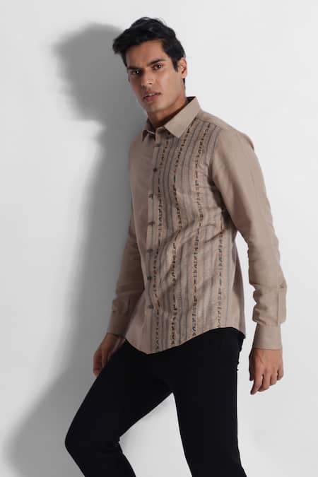 PAARSH_Beige Cotton, Linen Embroidery Hierographic Panel Shirt _Online_at_Aza_Fashions