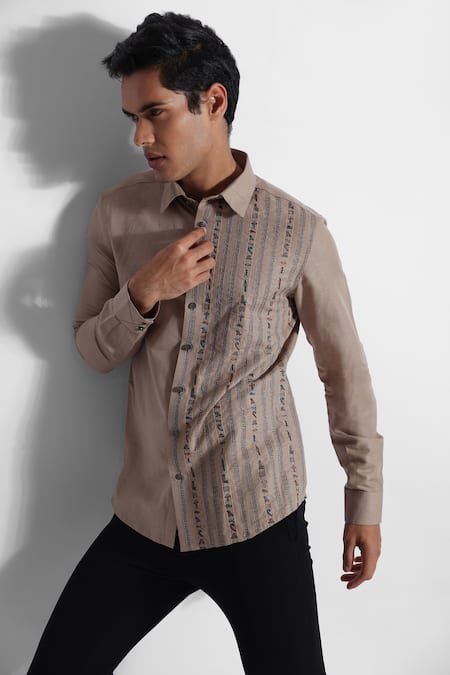 Buy_PAARSH_Beige Cotton, Linen Embroidery Hierographic Panel Shirt _Online_at_Aza_Fashions