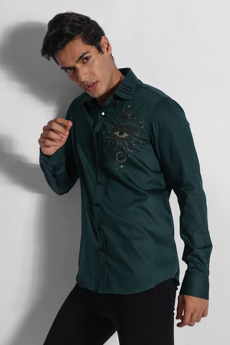 Paarsh_Green Gingham Embroidery Eye Of Horus Shirt _Online_at_Aza_Fashions