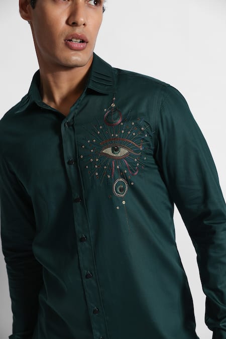 Buy_Paarsh_Green Gingham Embroidery Eye Of Horus Shirt _Online_at_Aza_Fashions