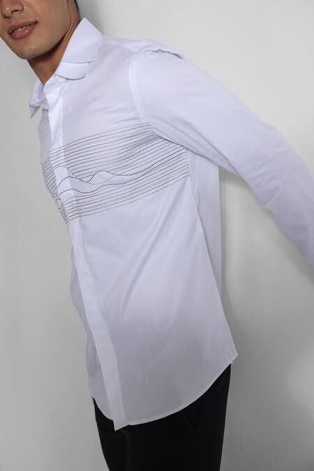 Buy_PAARSH_White Cotton Embroidery Tonal Stripe Threadwork Shirt _Online_at_Aza_Fashions