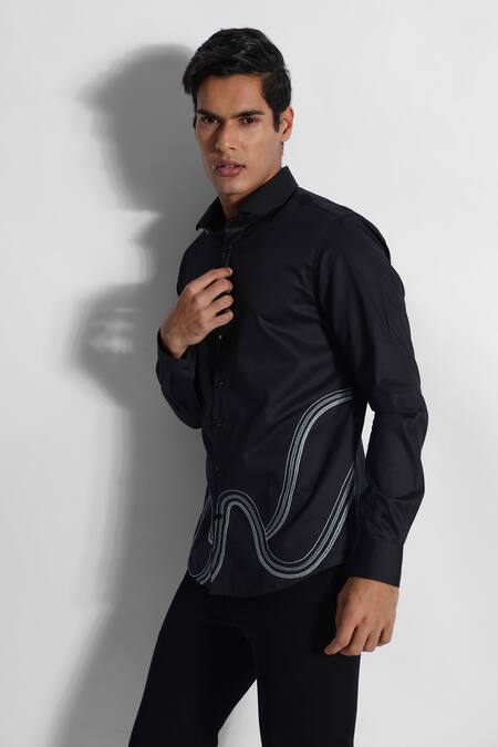 PAARSH Black Gingham Embroidery Placed Wave Threadwork Shirt Online at Aza Fashions PAARSH_Black Gingham Embroidery Placed Wave Threadwork Shirt _Online_at_Aza_Fashions