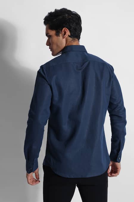 Shop PAARSH Blue Cotton, Linen Embroidery Threadwork House Pattern Shirt at Aza Fashions Shop_PAARSH_Blue Cotton, Linen Embroidery Threadwork House Pattern Shirt _at_Aza_Fashions