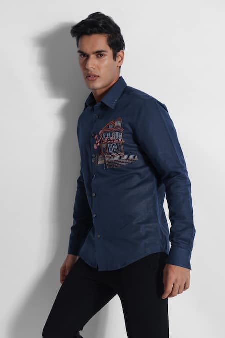 PAARSH Blue Cotton, Linen Embroidery Threadwork House Pattern Shirt Online at Aza Fashions PAARSH_Blue Cotton, Linen Embroidery Threadwork House Pattern Shirt _Online_at_Aza_Fashions