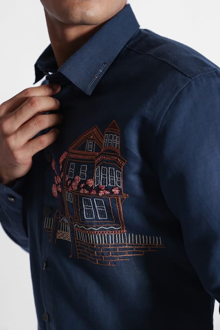 Buy PAARSH Blue Cotton, Linen Embroidery Threadwork House Pattern Shirt Online at Aza Fashions Buy_PAARSH_Blue Cotton, Linen Embroidery Threadwork House Pattern Shirt _Online_at_Aza_Fashions