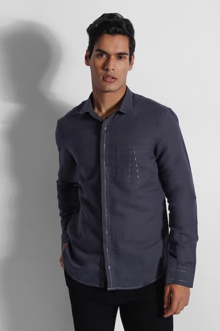 Paarsh Grey Cotton Linen Embroidered Thread Placed Shirt 