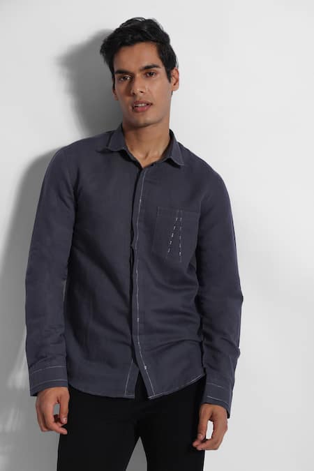 PAARSH Grey Cotton, Linen Embroidery Placed Threadwork Shirt Online at Aza Fashions PAARSH_Grey Cotton, Linen Embroidery Placed Threadwork Shirt _Online_at_Aza_Fashions