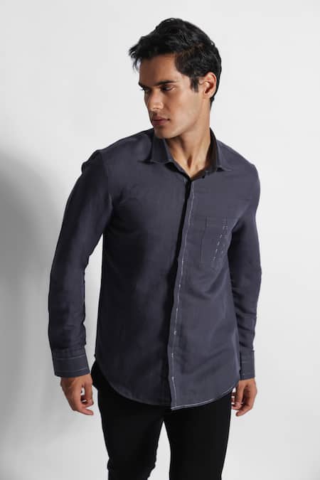 Buy PAARSH Grey Cotton, Linen Embroidery Placed Threadwork Shirt Online at Aza Fashions Buy_PAARSH_Grey Cotton, Linen Embroidery Placed Threadwork Shirt _Online_at_Aza_Fashions