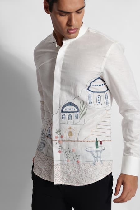 PAARSH Off White Cotton, Linen Embroidery Threadwork Santorini Pattern Shirt Online at Aza Fashions PAARSH_Off White Cotton, Linen Embroidery Threadwork Santorini Pattern Shirt _Online_at_Aza_Fashions