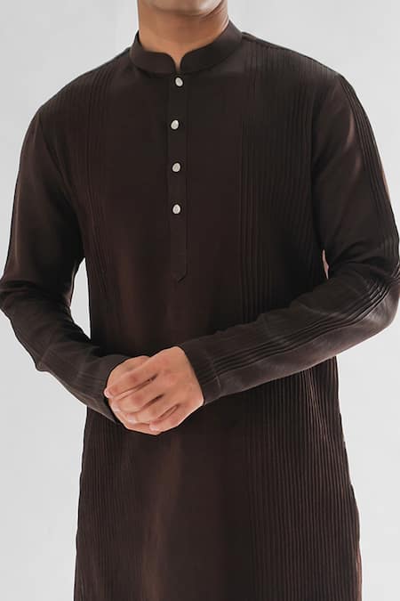 PAARSH_Brown Linen, Cotton Embroidery Cosmos Pintucked Kurta And Pant Set _Online_at_Aza_Fashions