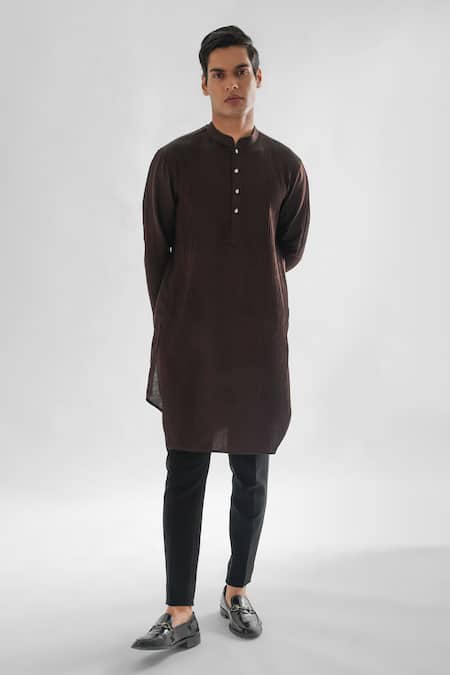 Shop_PAARSH_Brown Linen, Cotton Embroidery Cosmos Pintucked Kurta And Pant Set _Online_at_Aza_Fashions