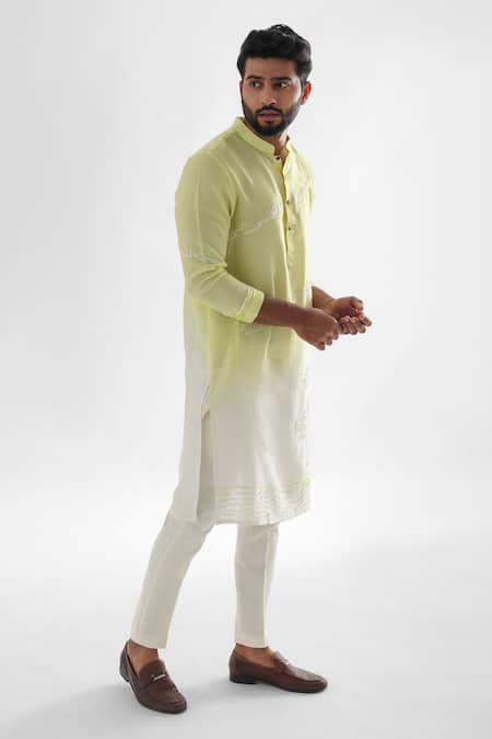 PAARSH_Yellow Linen, Satin, Cotton Embroidery, Cut Work Aurora Ombre Kurta And Pant Set _Online_at_Aza_Fashions