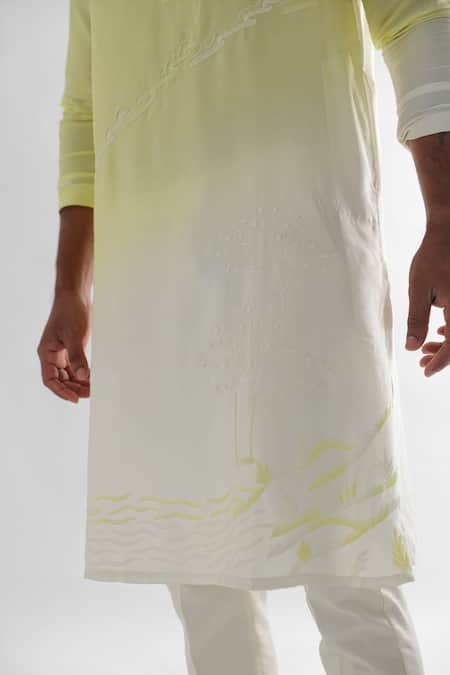 Shop_PAARSH_Yellow Linen, Satin, Cotton Embroidery, Cut Work Aurora Ombre Kurta And Pant Set _Online_at_Aza_Fashions