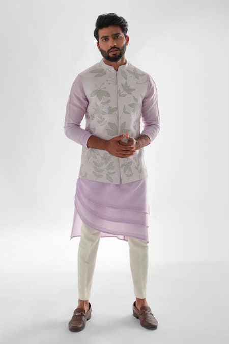 PAARSH Purple Bamboo, Cotton Applique, Embroidery Leaf Bundi Kurta Set 