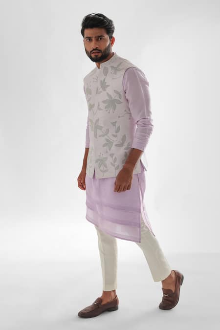 PAARSH_Purple Bamboo, Cotton Applique, Embroidery Leaf Bundi Kurta Set _Online_at_Aza_Fashions