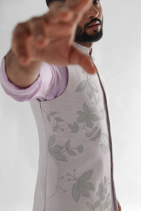 Buy_PAARSH_Purple Bamboo, Cotton Applique, Embroidery Leaf Bundi Kurta Set _Online_at_Aza_Fashions