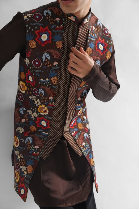 PAARSH_Brown Modal, Cotton Embroidery Floral Thread Bundi Kurta Set _Online_at_Aza_Fashions