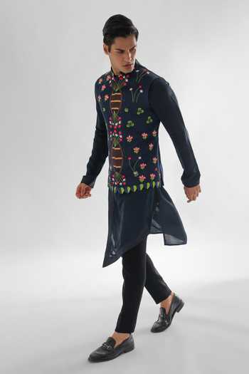 PAARSH_Blue Linen, Satin, Cotton Embroidery Bundi Kurta Set _Online_at_Aza_Fashions